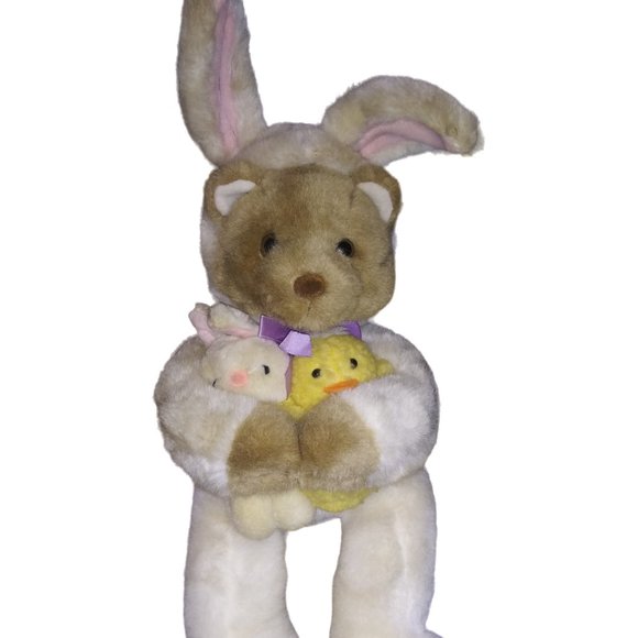 VTG  Bear in Bunny Costume Holding Baby Chick and Rabbit Stuffed Animal Plush - Picture 1 of 6
